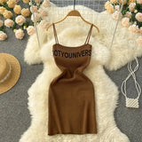 Women Korean Style Mini Dress Summer 2022 Letter Print Vacation Solid Backless Sexy Ladies Party Knit A Line