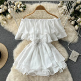 Ruffled Elastic Solid Mini Dress Chic Women Summer 2022 Slash Neck Ruched Elegant Vacation Ladies A Line Beach