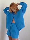 Cotton Linen Women Summer Set Of Top With Shorts Blue 2 Piece Set Female Casual Shorts Suits Pocket Shirt