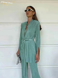 Autumn Green Pleated Pants Set Bodycon Slit Trosuer Suits Fashion Lace-Up Long Sleeve Blazer 2 Piece Sets Womens