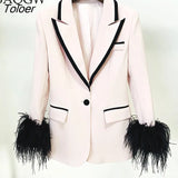 Women's Luxury Blazer New Notched Slim Single Button Long Sleeve Feather Patchwork Suit Jackets Female Autum