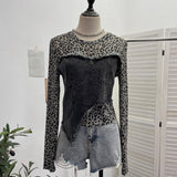 Real Shooting Fashion Leopard Tard Tard Babes Mesh Splicing Denim Irregular Bottom Shirt Short Top