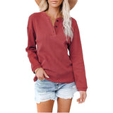 Solid Women T Shirt Top Casual Button O-Neck Long Sleeve Tee Tops Ladies Fashion Loose Design Tee Pullover