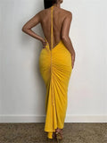 Women Halter Tie-up Backless Long Dress Slim Fit Solid Ruched Summer Party Dress Sleeveless Off Shoulder Vestido 2023-Outfit