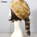 Winter Hat Raccoon Tail Keep Warm Soft Winter Thermal Ladies Cap Female