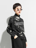 Women Big Size Irregular Zipper Printed T-shirt New Turtleneck Long Sleeve Fashion Tide Spring Autumn 2023