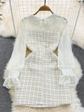 Fashion Women Woolen Tweed Dress Autumn Winter Plaid Tweed Patchwork Chiffon Long Sleeve A Line Elegant Short