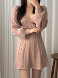 Color Cute V-Neck Cable Knit Long Sleeve Mini