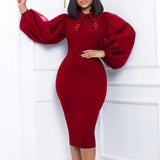 Women's Spring And Autumn Long-Sleeved Large-Size Bag Hip Nail-Bead Mesh Splicing Commuter Pencil Skirt