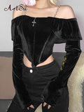Velvet Gothic Sexy Off Shoulder T-shirts Grunge Elegant Long Sleeve Women Cropped Tops Backless Strap