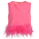 TWOTWINSTYLE Black Tank Tops For Women Round Collar Sleeveless Solid Patchwork Feathers Hem Vests Female Korean Fashion