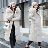 Winter New Fashion Large Size Cotton Clothes Female Long Korean Version Of The Waist Over The Knee And Thick Big Wool Collar Cotton-Padded Jacket Coat-Outfit
