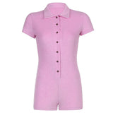 2021 Short Sleeve Bodycon Bodysuit Solid Basic Bodys Mujer Short Jumpsuits Button Up Turn Down Collar Casual