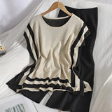 Korean OL O Neck Short Sleeve Hit Color Patchwork Pullovers and High Waist Knitted Wide Leg Pants 2 Pieces Sets