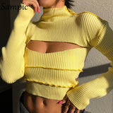 Turtleneck Hollow Out Sexy Women Yellow Skinny Mini Long Sleeve T Shirt 2020 Autumn Winter Basic Cropped Tees