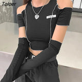 Patchwork Y2K Crop Tops Women 2023 Summer Off Shoulder Black Goth T Shirt Woman Hip Hop Slim Fit Streetwear Tee