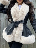Fur Patchwork PU Leather Jacket Women Fashion Contrast Color Plush Collar Winter Warm Cardigan with Belt Outwear 2023-Outfit