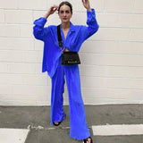 Women Two Piece Pleated Pants Suits Casual Chic Solid Color Long Sleeve Shirts Straight Leg Trousers Set Matching Sets New-Outfit
