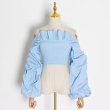 Vintage Ruffles Women Blouse Slash Neck Lantern Long Sleeve Short Shirt Female Fashion Clothing 2020