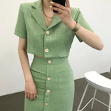 Korea Elegant Lapel Thin Tweed Small Suit Short Jacket + High Waist Chic Button Slim Womens Two Piece Skirt Sets