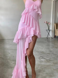 Sexy Sleeveless Strap Sling Long Dress for Women V-neck Ruffles Hem Dress Y2K Off Shoulder High Split Party Vestidos-Outfit