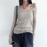 Color Simple Pit Strip Slimming Retro Fashion Single Bare Shoulder Long Sleeved Two-Piece Blouse 2024 Spring / Summer New T-Shirt-Outfit