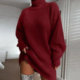 Turtleneck Sweater Dresses Autumn Solid Loose Knitted Dress Elegant Long Sleeve Oversized Winter Female Mini Sweater