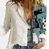 2021 Women Botton Vintage Polo-Neck Office Lady Spring Summer Loose Casual Cartoon Printing T-Shirt Long