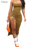 Color Spaghetti Strap Ruched Drawstring Long Party Dress Women 2023 Summer Low Neck Sleeveless Side High Split Prom