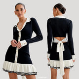 Bow Tied With Lot Of Leaves Side Of The Knitted Dress Pearl Buckle Long-Sleeved Little Scented Style