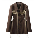 Patchwork Colorblock Cut Out Bandage Blazer For Women Slim Lapel Long Sleeve Mini Coats Female 2021 Autumn