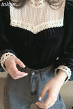 Black Blouse Women Clothes Lace Velvet Tops Fashion Korean Vintage Shirt Blusas Mujer De Moda Elegant Stand Neck