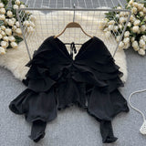 Ruffles Slim Chiffon Long Blouse Fashion V Neck Chic Long Sleeve Elastic Waist 2022 Autumn French Streetwear Solid