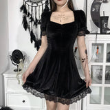 Dark Velvet Square Collar Lace Edge Bubble Sleeve Dress Autumn And Winter New Solid Color Short Dress-Outfit