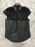 White Fold Pleated Shirt For Women Peter Pan Collar Sleeveless Solid Minimalist Button Through Blouse Female
