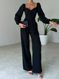 Elegant Women Office Rompers Lantern Sleeve Pleated Wide Legs Jumpsuit Fall Winter 2022 One-Piece Ladies Office