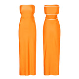 Womens High Street Casual Cutout Tube Tops Dress Fashion Gradient/Solid Color Off-shoulder Skinny Slit Long Sundress-Outfit