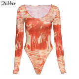 One word collark Printing Long Sleeve Bodysuit For Women Autumn Fashion Basic Playsuit Street Casual Wear Jumpsuit