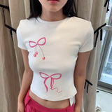 Women's Y2K Vintage Retro Long Sleeve Cherry/Cake Print Crew Neck Spring Fall Slim Fit Tops Aesthetic Grunge T-Shirts-Outfit