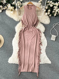 Tassel Design Sleeveless Tank Top Dress Fashion O Neck Slim Elastic Waist Female Elegant OL Bodycon Midi Long