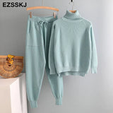 2022 2 Pieces Set Women Knitted Tracksuit Turtleneck Sweater + Carrot Jogging Pants Pullover Sweater Set CHIC Knitted