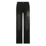 Street Style 2023 Women's Wear Butterfly Embroidery Retro Design Low-Waisted Jeans-Outfit