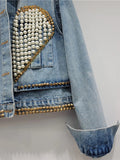 Women's Denim Coat Heart Beading Pearls Gold Rivets Loose Light Blue Long Sleeve Jackets 2024 Summer New Fashion 29L2503-Outfit