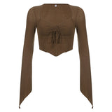 Autumn / Winter Women's Wear Ins Trend Brand Online Celebrity Hot Girl Hanging Neck Fishbone Square Collar Sexy Navel Revealing Thin T-Shirt Woman-Outfit