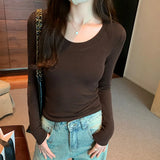 Round-Neck Ins Long-Sleeved Blouse Women's New Autumn Solid Color Cashmere Basic Slim Bottomed Blouse-Outfit