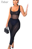 Black Mesh Two Piece Set Bodysuit Top and Leggings See Through Sexy Outfits for Women Nightclub Matching Sets