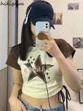 Women T-shirts Vintage Fashion Crop Tops Chic Star Embroidery Korean Tees 2023 Ropa Mujer Slim Fit Drawstring Y2k