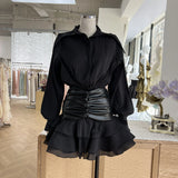 Popular Street Pats Light Luxury Niche Fake Two Splicing Folded Waist Sealing Lotus Leaf Side Shirt