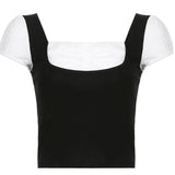 Women Sweet T-shirt Crop Tops Summer Clothes Short Sleeve Square Neck Slim Fake Two-piece Tops Female Clothing Streetwear-Outfit
