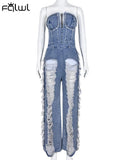 Summer Sexy Fashion Jumpsuit Club Outfit For Women 2023 Strapless Hollow Holes Sto Denim Jumpsuite Women